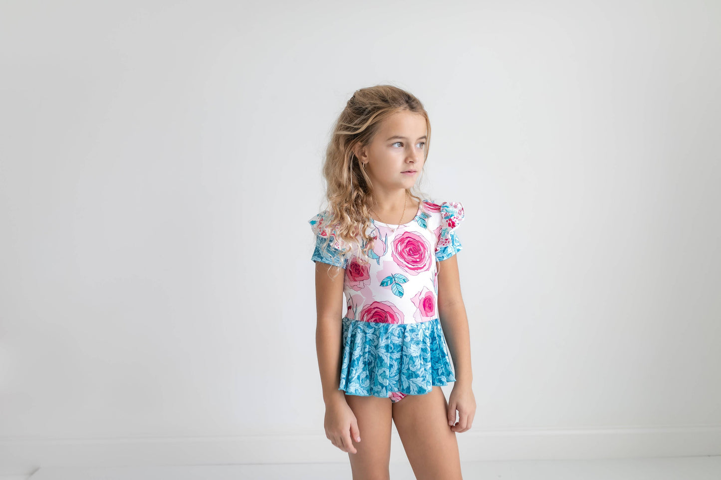 Kids Teal & Pink Rose Dance Gymnastics Skirted Twirl Leotard