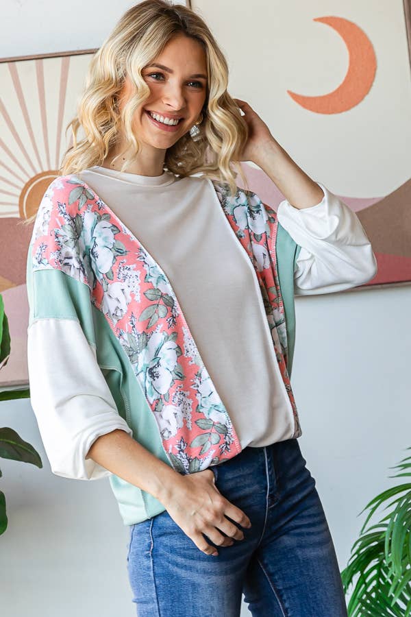 Floral Color Block Patchwork Long Sleeve Pullover Top T5830