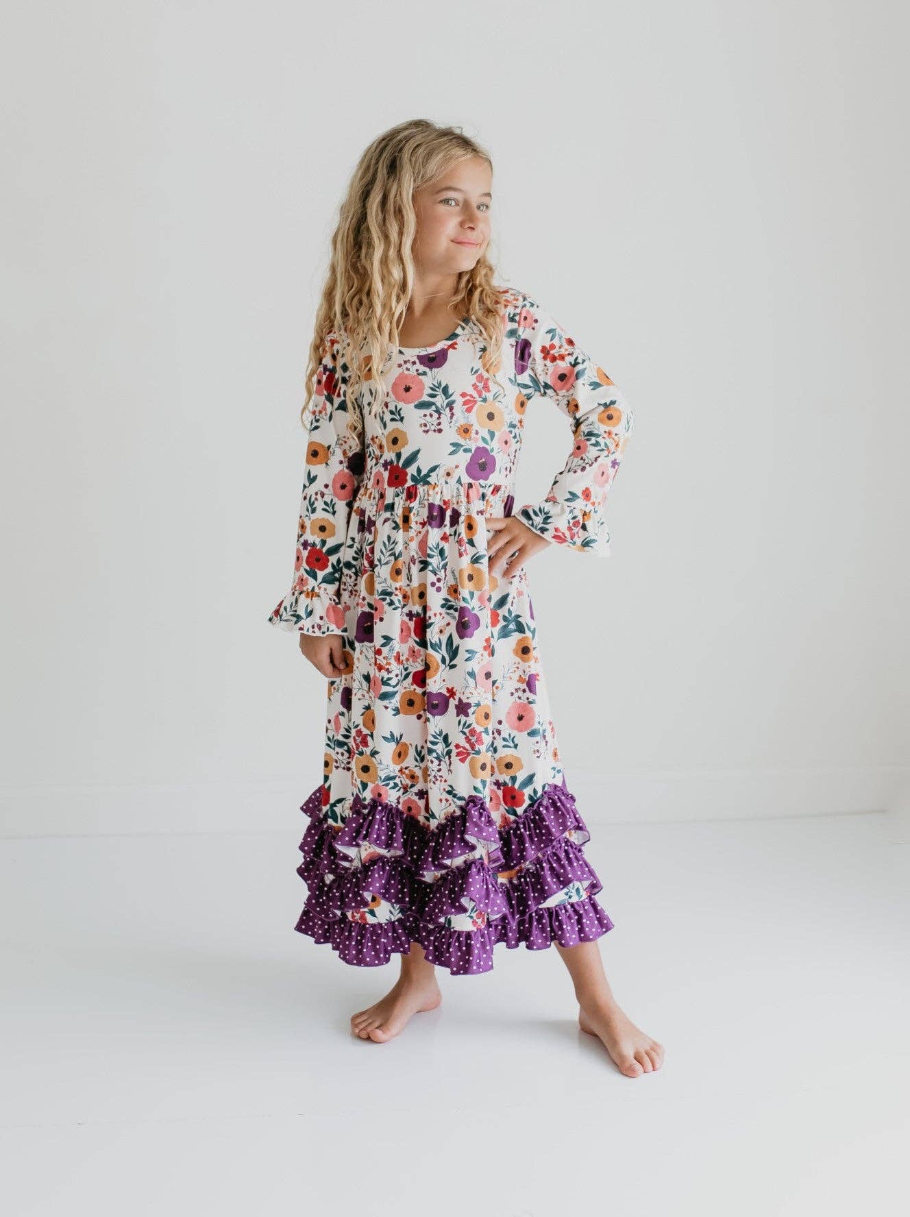 Girls Purple Dot & Winter Floral Long Sleeve 3 Ruffle Dress