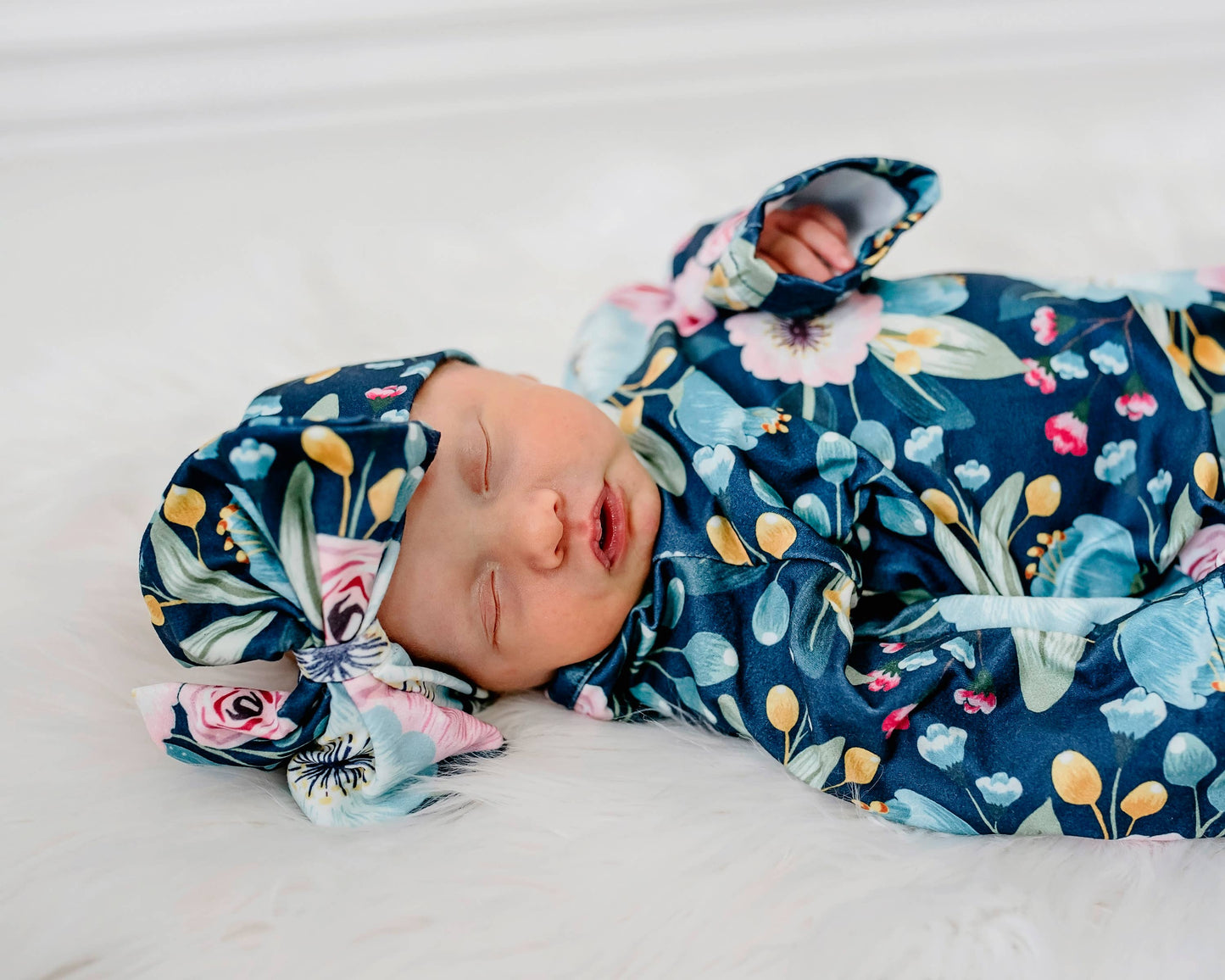 Infant Girls Navy Floral Baby Gown and Bow Headband