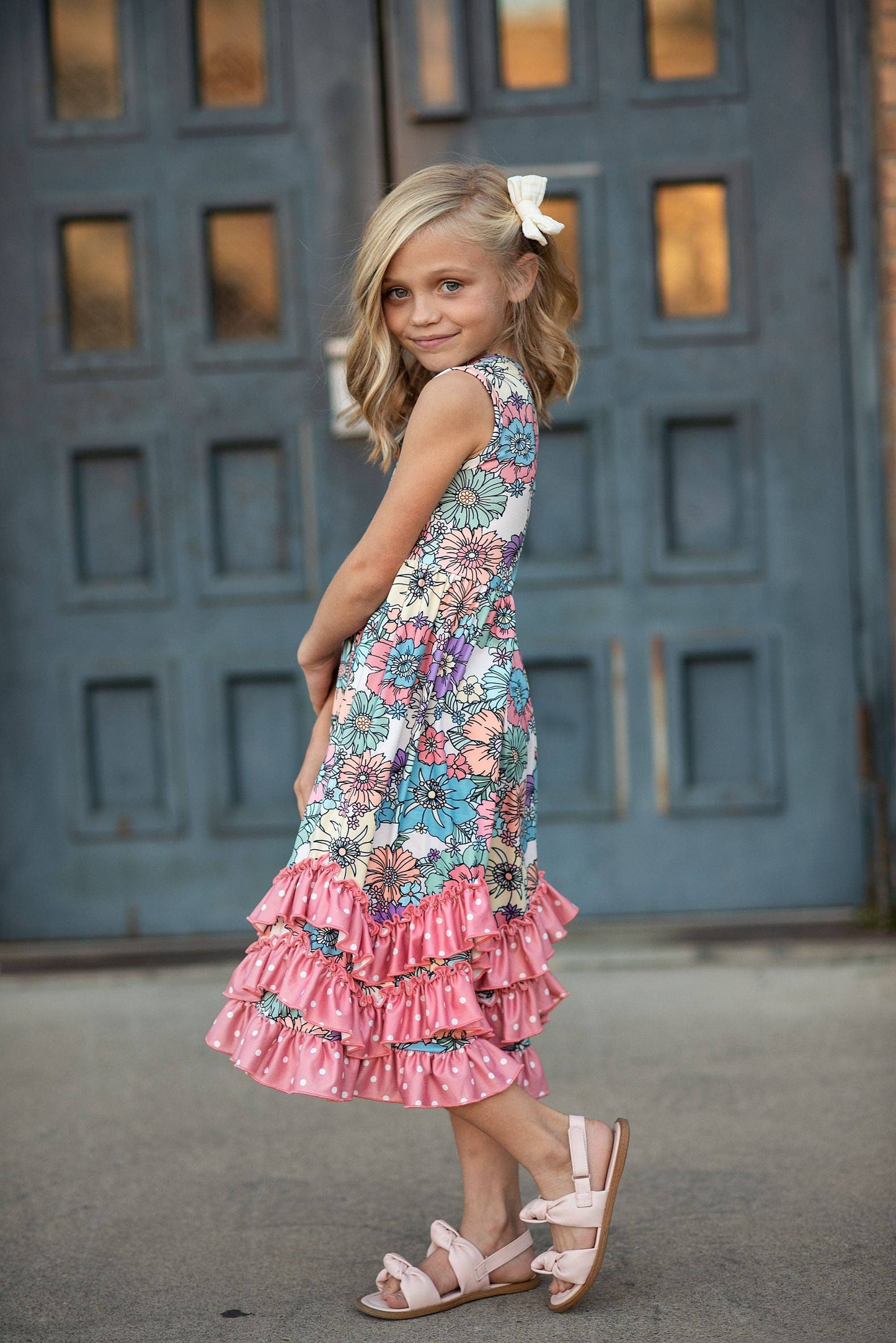 Kids Pastel Floral 3 Ruffle Spring Summer Easter Dress