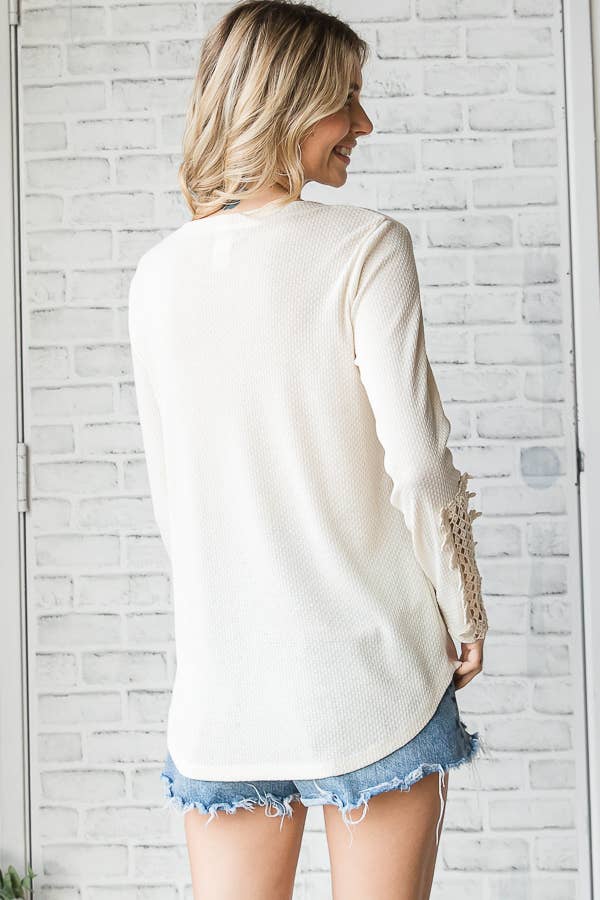 Casual Waffle Knit Lace Embroidered Sleeve Pullover TopT4578