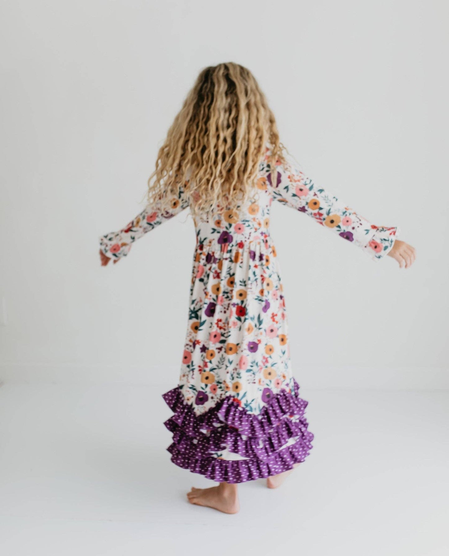 Girls Purple Dot & Winter Floral Long Sleeve 3 Ruffle Dress