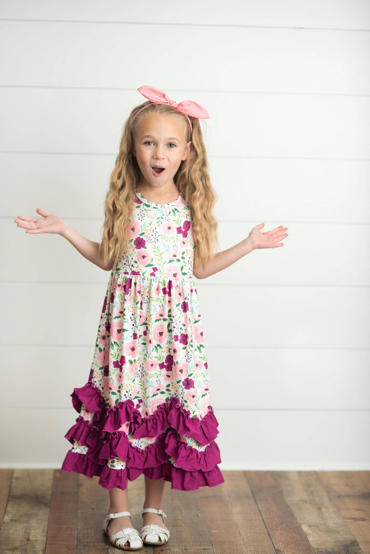 Kids Plum Floral 3 Ruffle Summer Dress