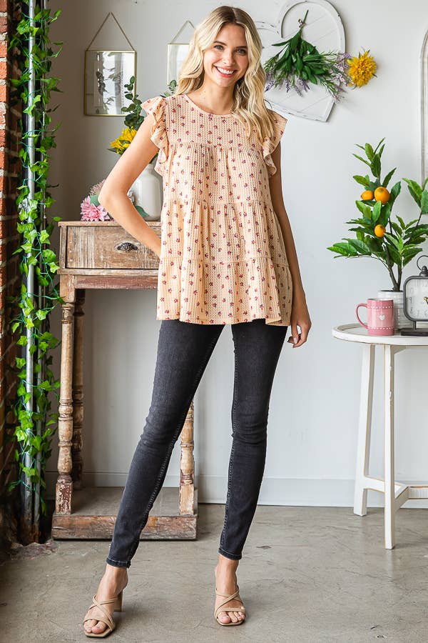 ET6628-46 BUTTERFLY SLEEVE DITSY FLORAL TIERED TOP