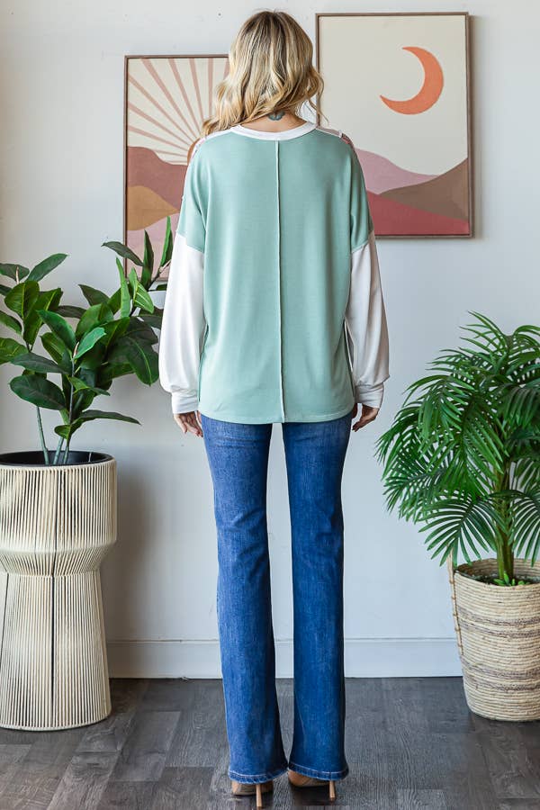 Floral Color Block Patchwork Long Sleeve Pullover Top T5830