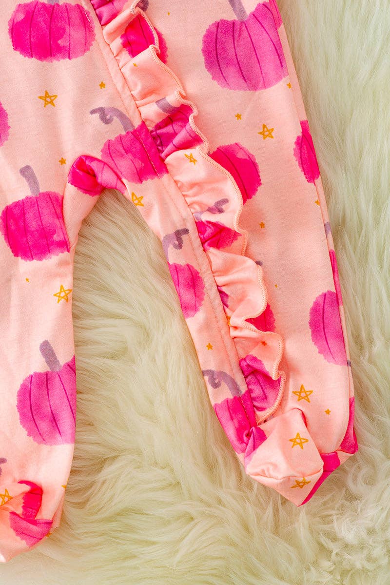 Hot pink Pumpkin printed baby onesie w/ruffle trim. RPG40556 SOL