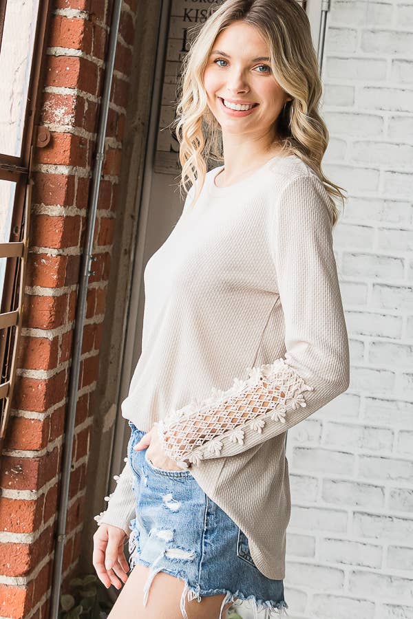 Casual Waffle Knit Lace Embroidered Sleeve Pullover TopT4578