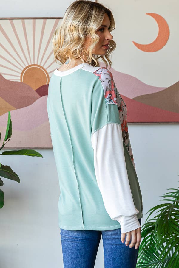 Floral Color Block Patchwork Long Sleeve Pullover Top T5830
