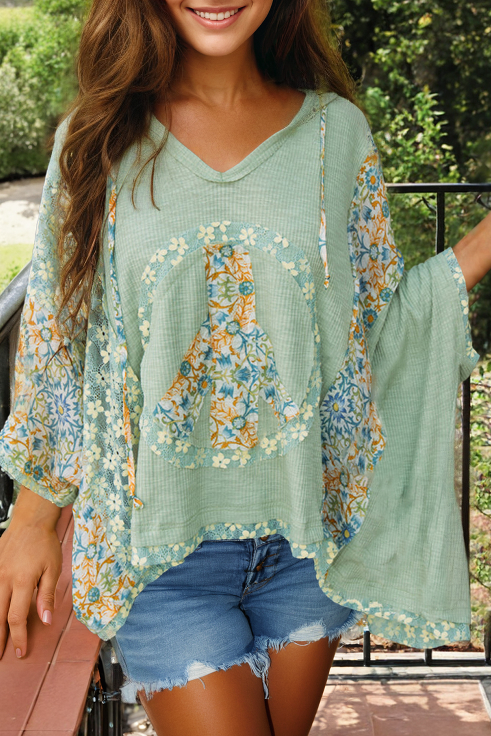 Ribbed Lace Floral Patchwork V Neck Batwing Sleeve Blouse: Green / L
