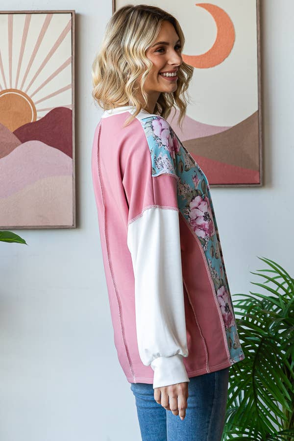 Floral Color Block Patchwork Long Sleeve Pullover Top T5830