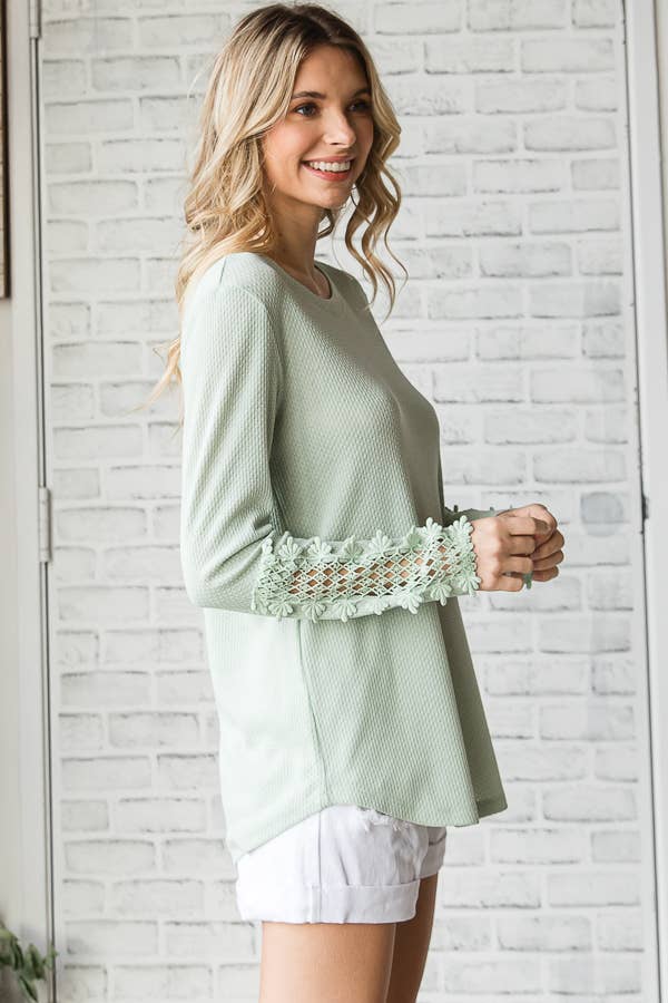 Casual Waffle Knit Lace Embroidered Sleeve Pullover TopT4578