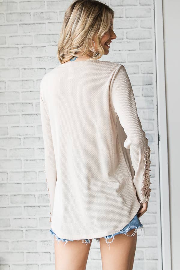 Casual Waffle Knit Lace Embroidered Sleeve Pullover TopT4578