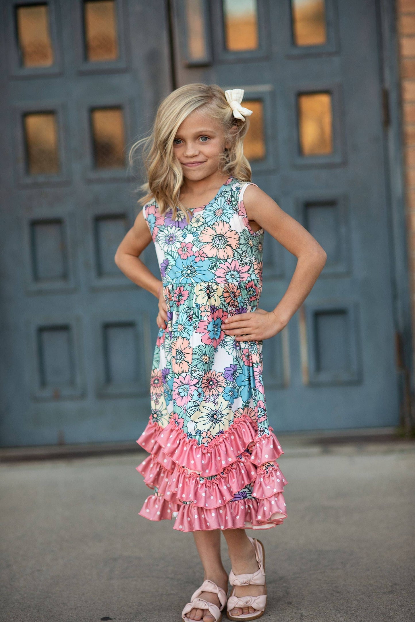 Kids Pastel Floral 3 Ruffle Spring Summer Easter Dress