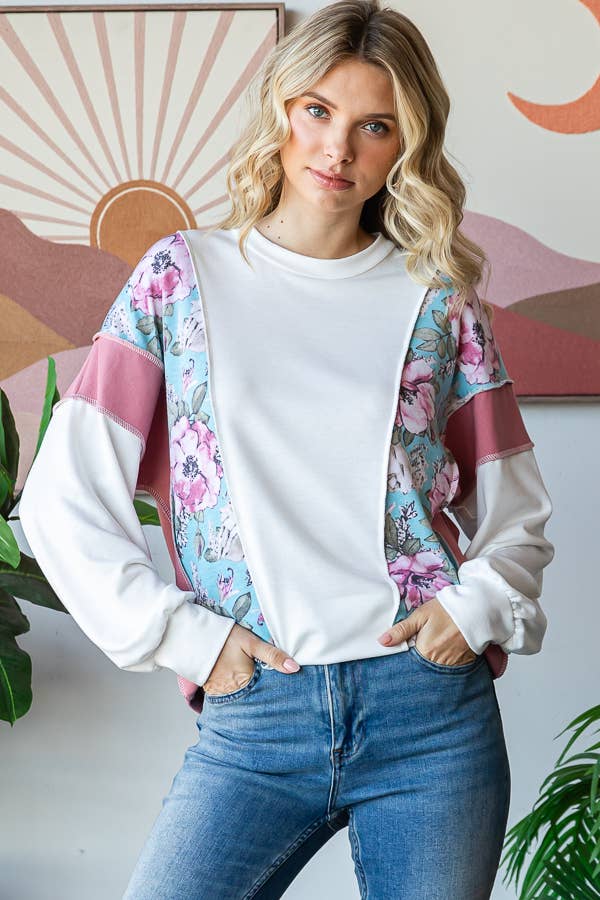 Floral Color Block Patchwork Long Sleeve Pullover Top T5830