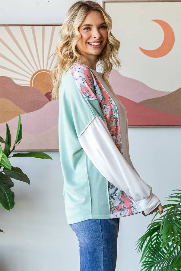 Floral Color Block Patchwork Long Sleeve Pullover Top T5830