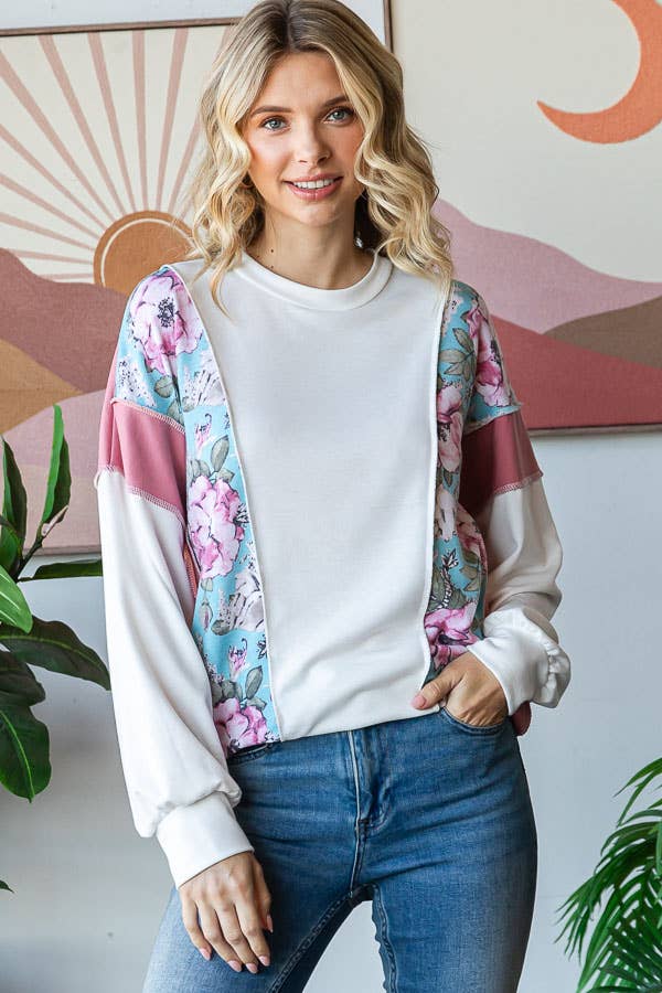 Floral Color Block Patchwork Long Sleeve Pullover Top T5830