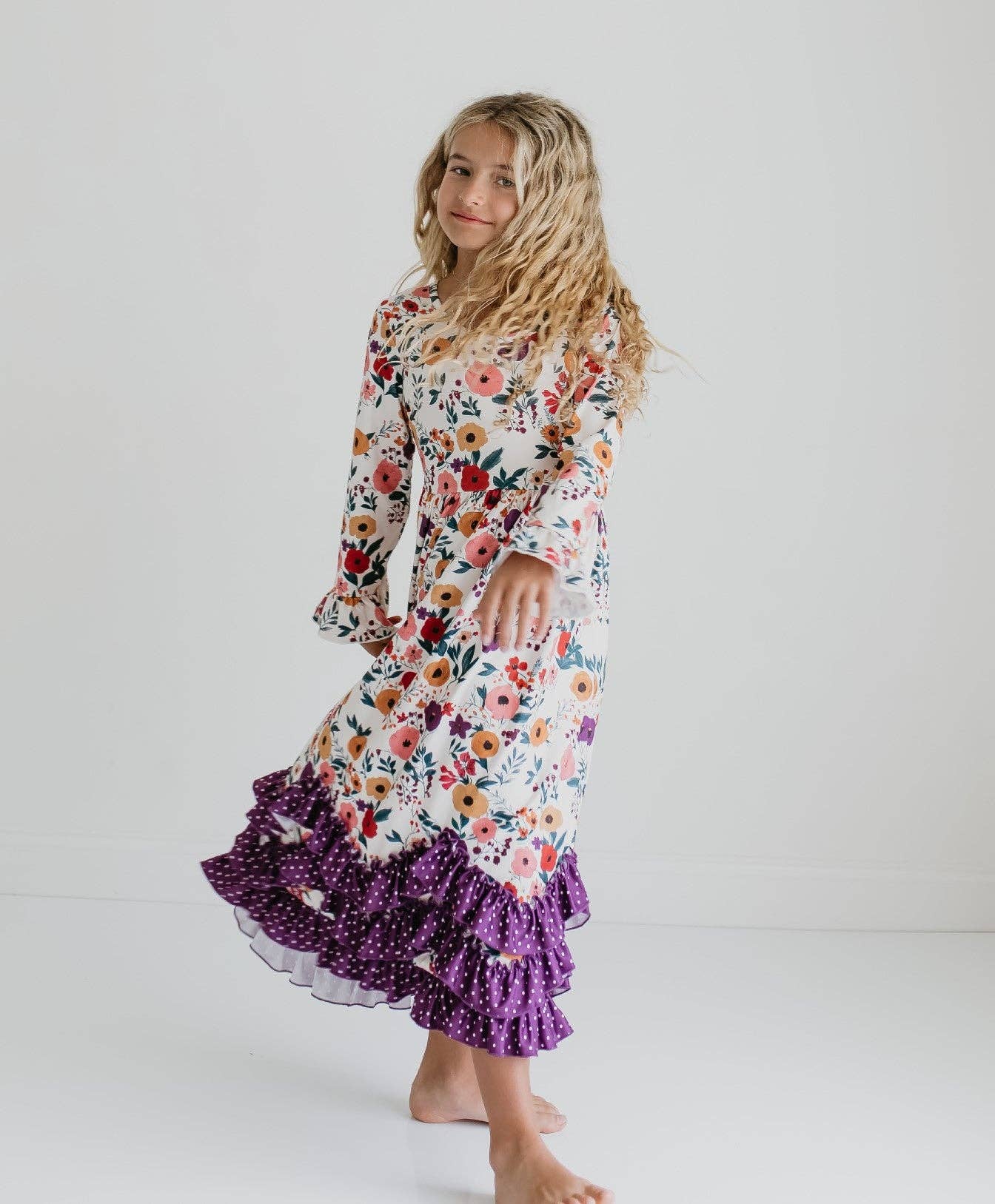 Girls Purple Dot & Winter Floral Long Sleeve 3 Ruffle Dress