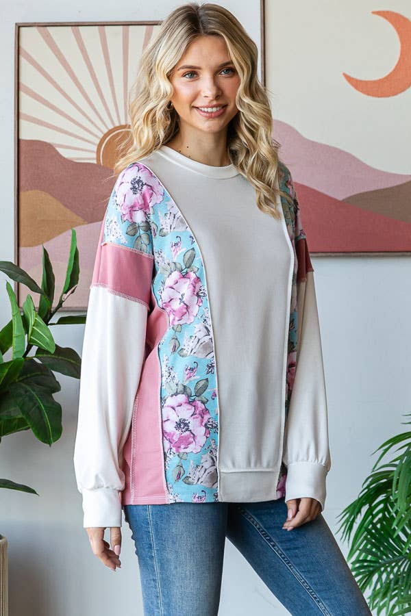 Floral Color Block Patchwork Long Sleeve Pullover Top T5830
