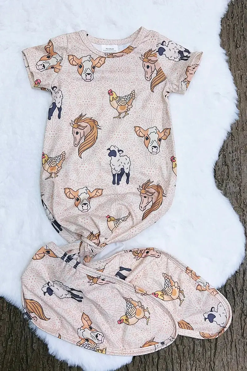 HORSE, CHICKEN, SHEEP & COW PRINTED BABY GOWN.