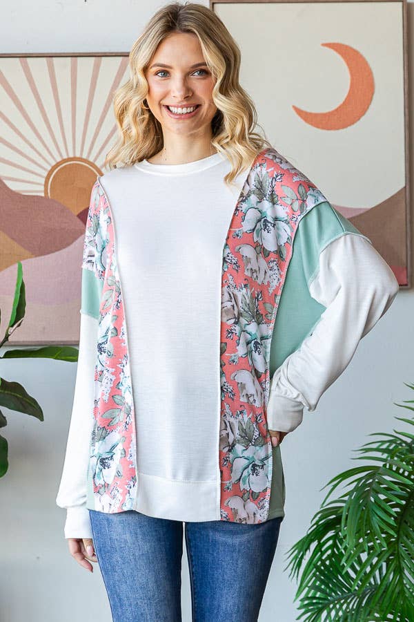 Floral Color Block Patchwork Long Sleeve Pullover Top T5830