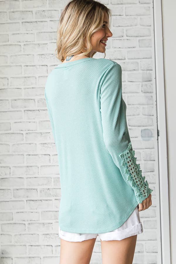 Casual Waffle Knit Lace Embroidered Sleeve Pullover TopT4578