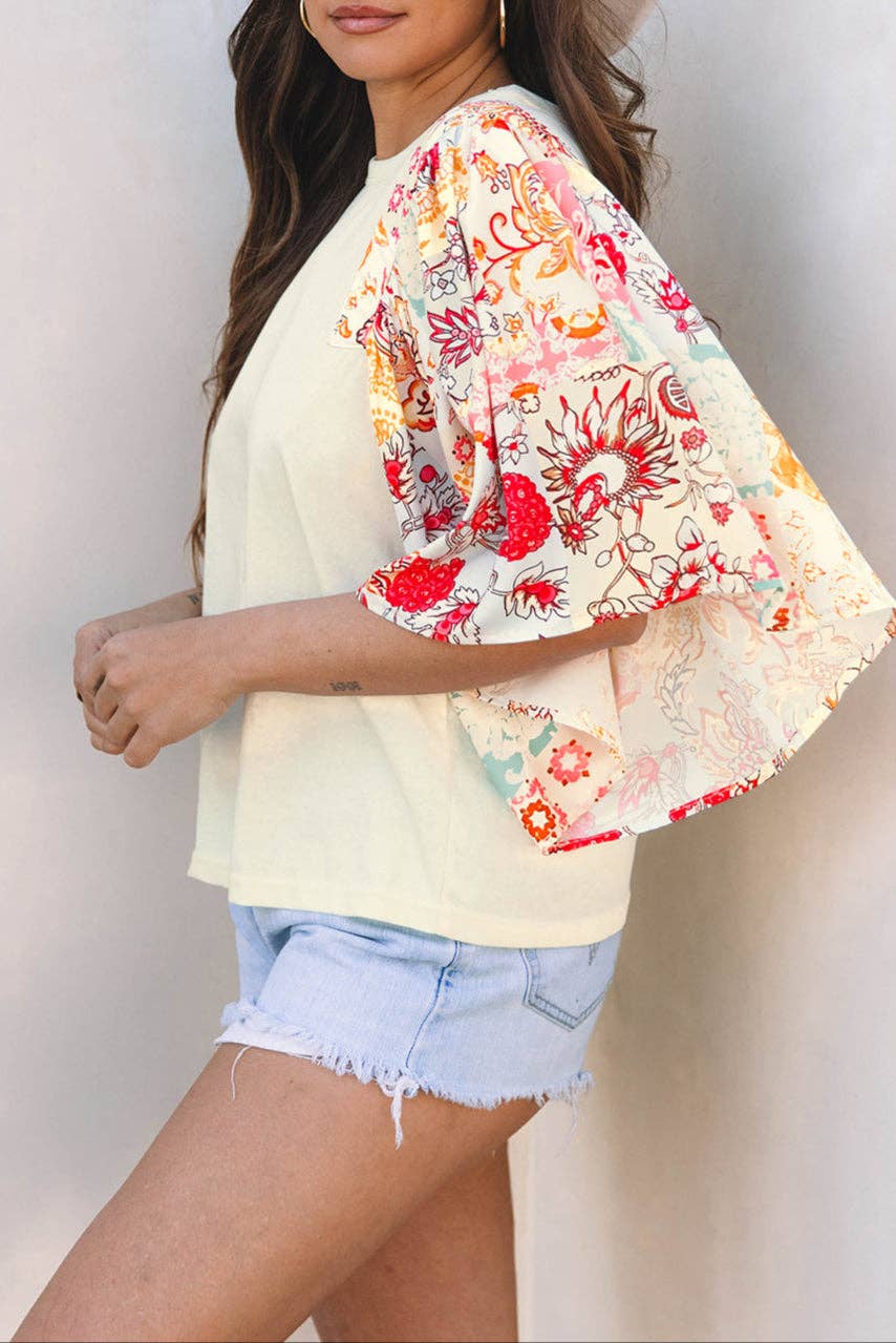 Floral Patchwork Batwing Sleeve Summer Blouse