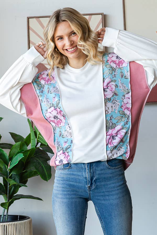 Floral Color Block Patchwork Long Sleeve Pullover Top T5830