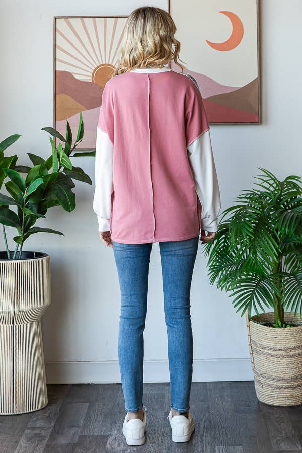 Floral Color Block Patchwork Long Sleeve Pullover Top T5830