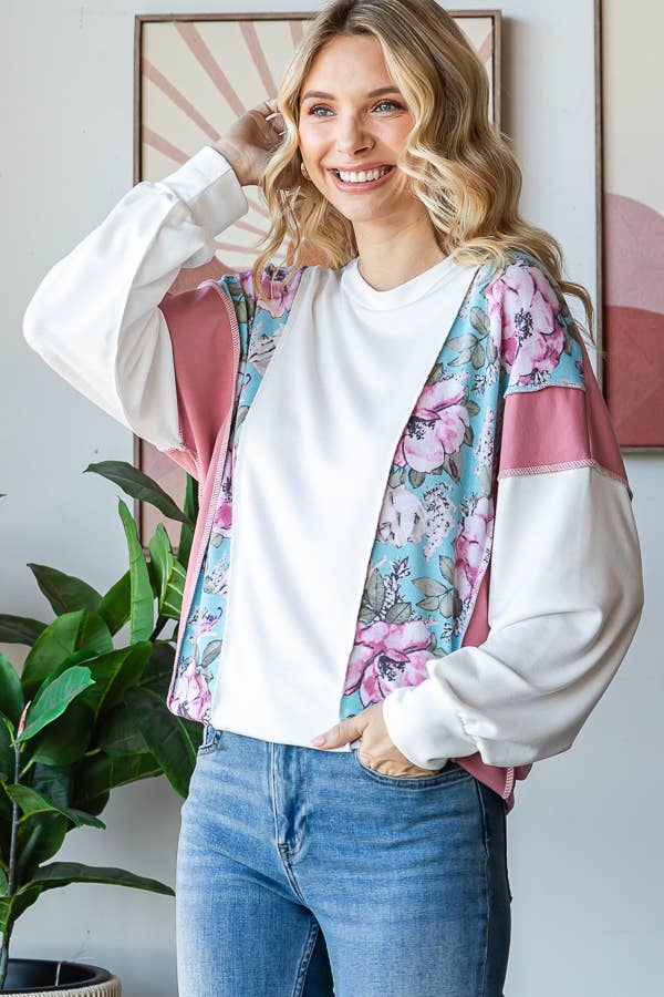 Floral Color Block Patchwork Long Sleeve Pullover Top T5830
