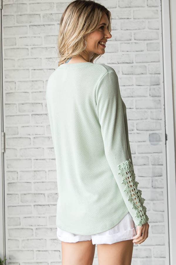 Casual Waffle Knit Lace Embroidered Sleeve Pullover TopT4578