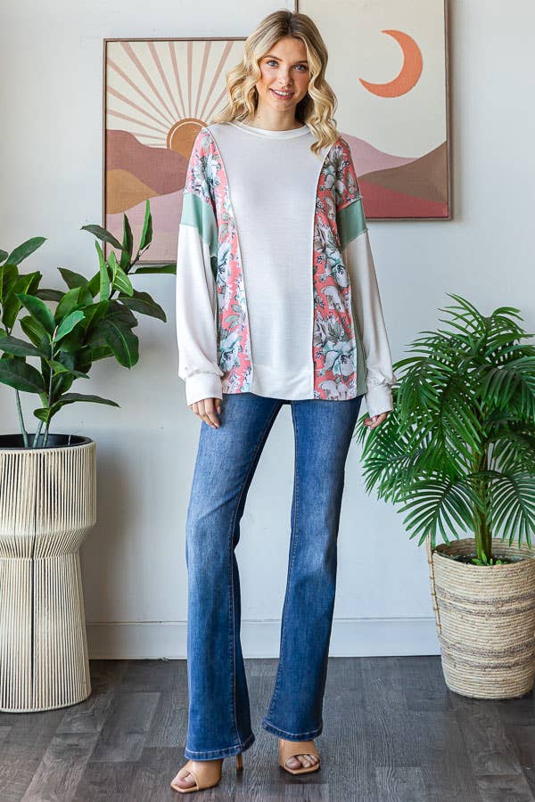 Floral Color Block Patchwork Long Sleeve Pullover Top T5830