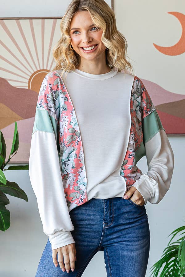 Floral Color Block Patchwork Long Sleeve Pullover Top T5830