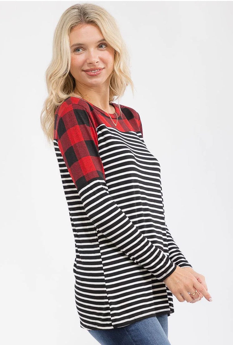 Buffalo Plaid Stripe Color Block Top