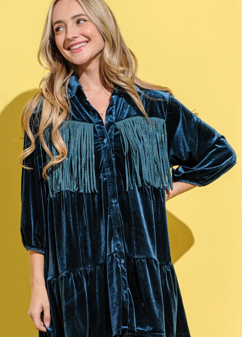 Teal Velvet Fringe Tunic