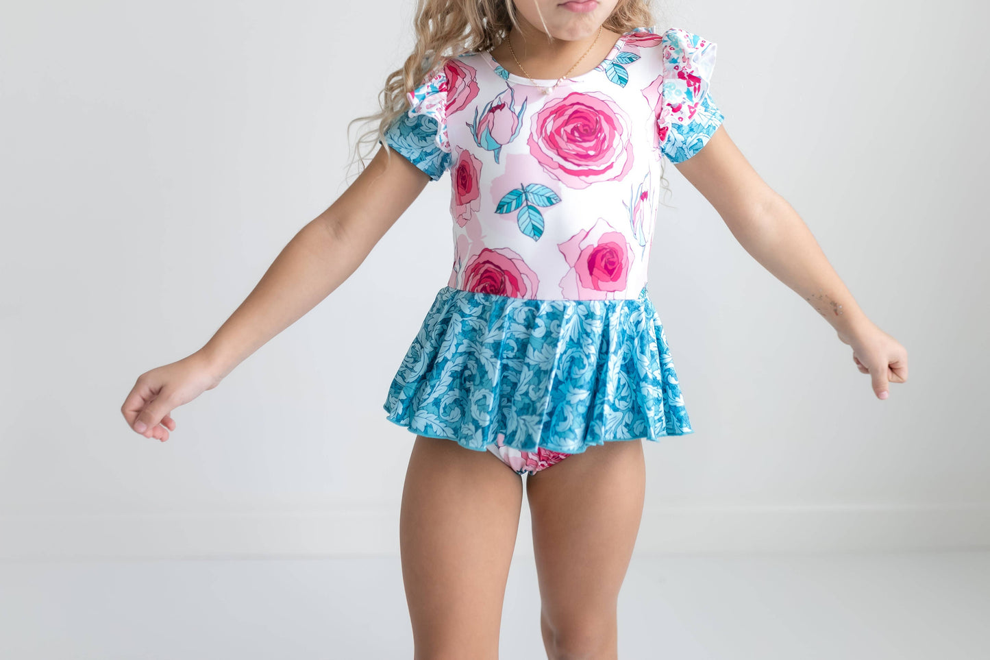 Kids Teal & Pink Rose Dance Gymnastics Skirted Twirl Leotard
