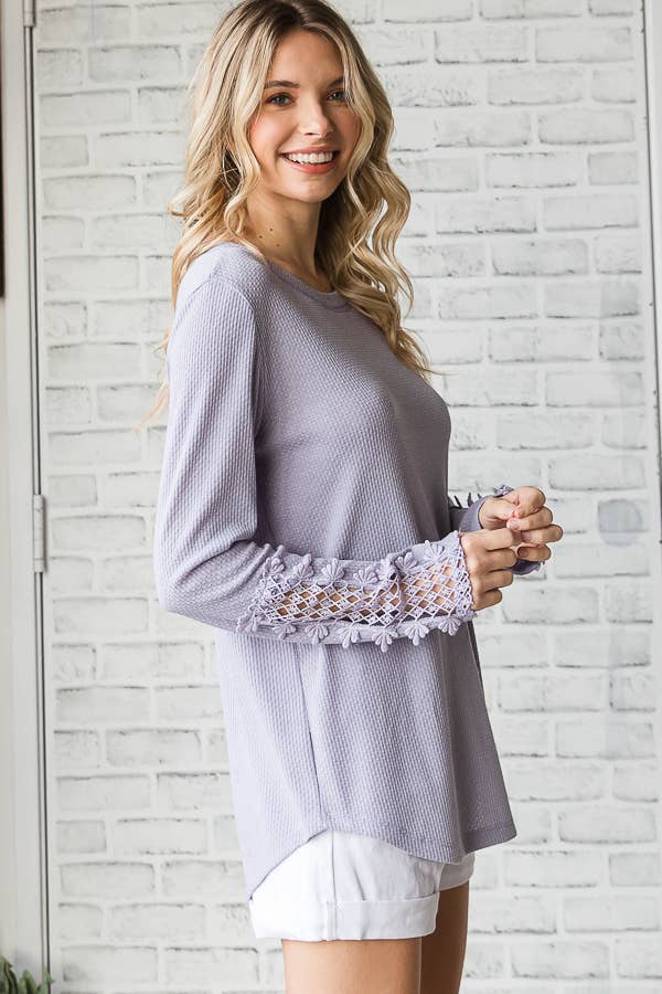 Casual Waffle Knit Lace Embroidered Sleeve Pullover TopT4578