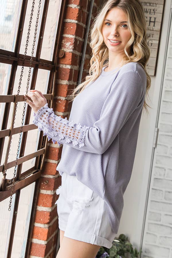 Casual Waffle Knit Lace Embroidered Sleeve Pullover TopT4578