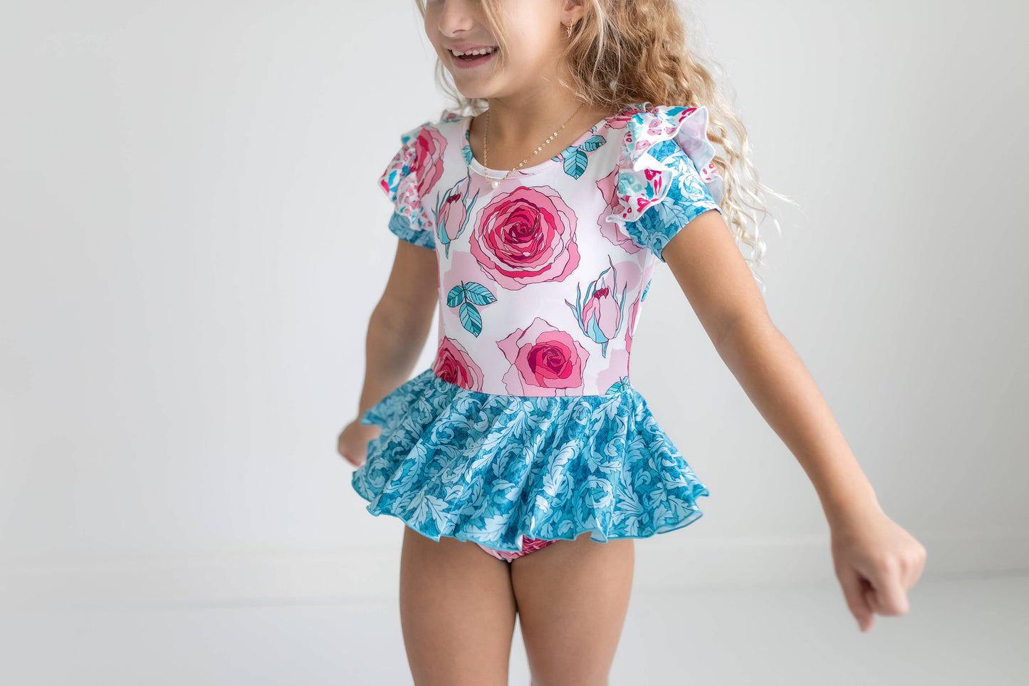 Kids Teal & Pink Rose Dance Gymnastics Skirted Twirl Leotard
