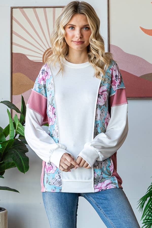 Floral Color Block Patchwork Long Sleeve Pullover Top T5830