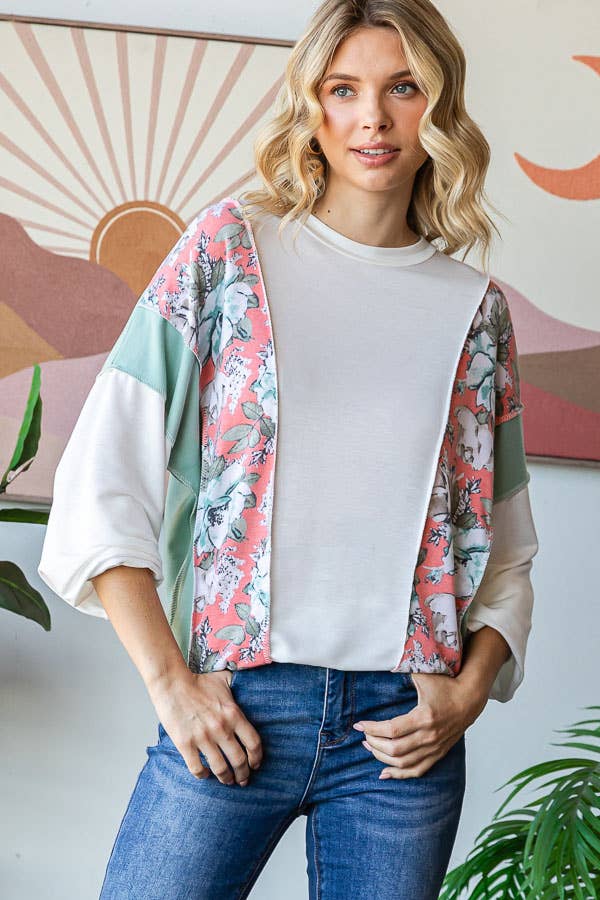 Floral Color Block Patchwork Long Sleeve Pullover Top T5830