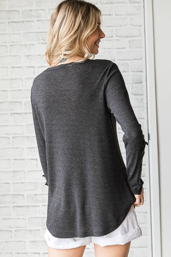 Casual Waffle Knit Lace Embroidered Sleeve Pullover TopT4578