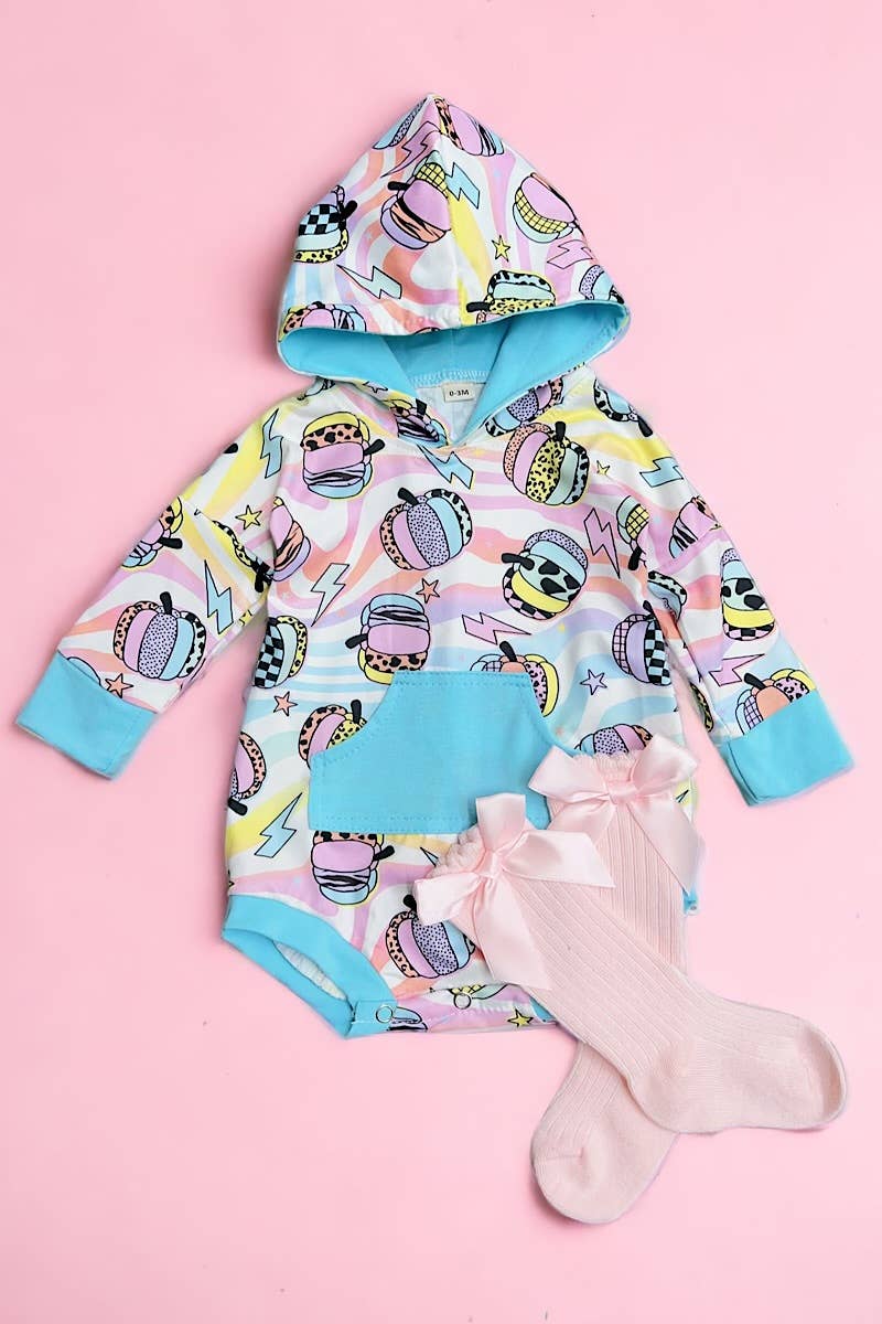 🍁MULTI-PRINTED PUMPKIN BABY ONESIE W/HOODIE. LR042602-WEN