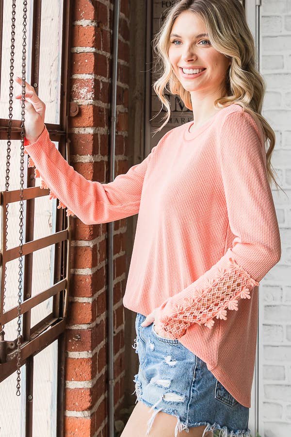 Casual Waffle Knit Lace Embroidered Sleeve Pullover TopT4578