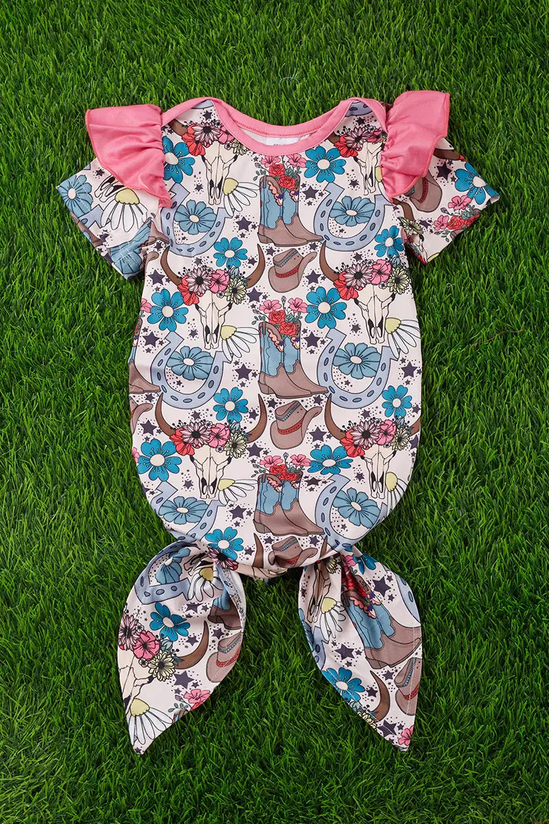 FLORAL, COW SKULL * COWGIRL BOOT PRINTED BABY GOWN.