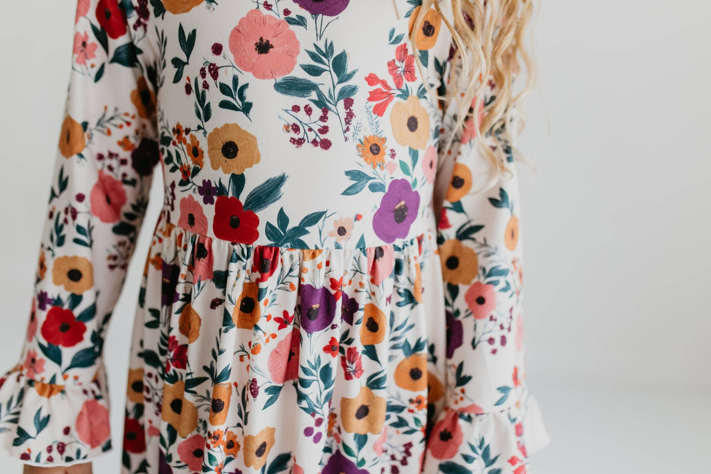 Girls Purple Dot & Winter Floral Long Sleeve 3 Ruffle Dress