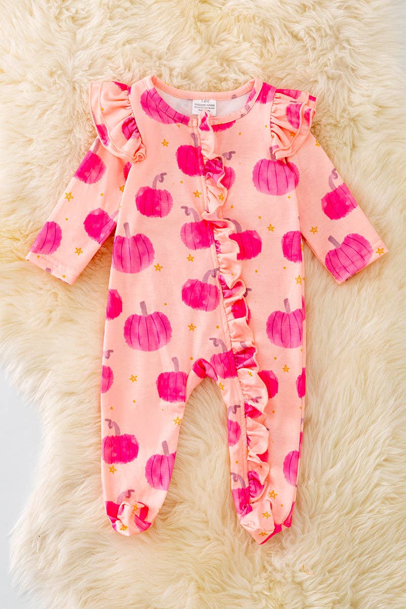 Hot pink Pumpkin printed baby onesie w/ruffle trim. RPG40556 SOL