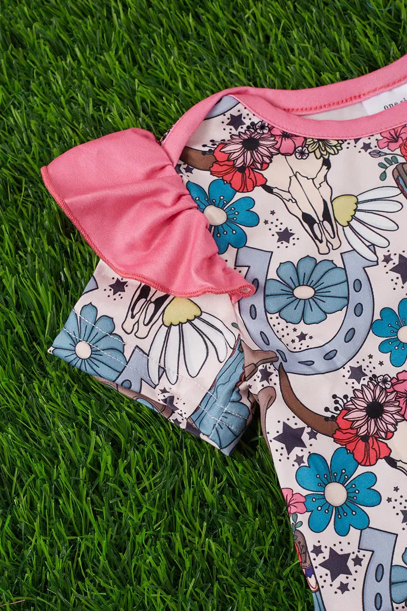 FLORAL, COW SKULL * COWGIRL BOOT PRINTED BABY GOWN.