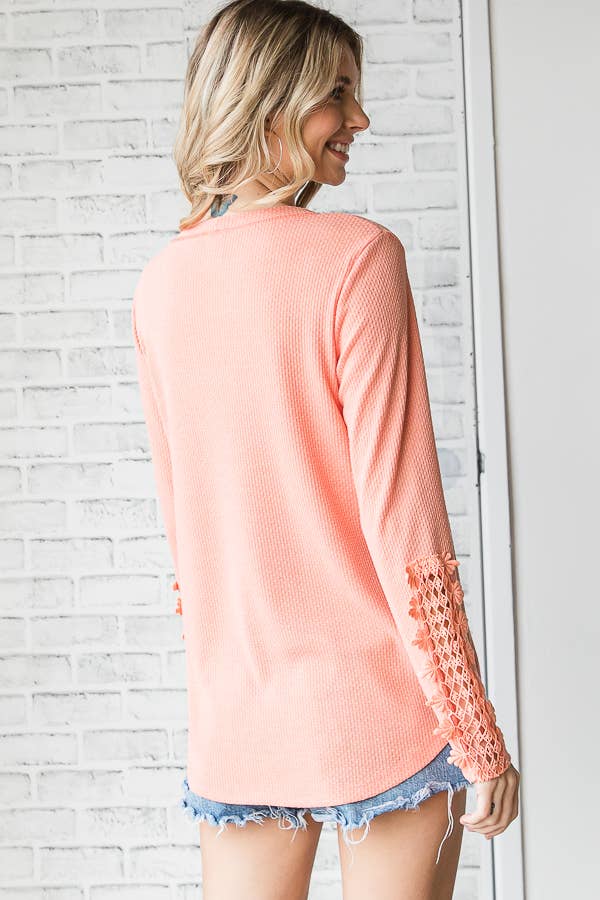 Casual Waffle Knit Lace Embroidered Sleeve Pullover TopT4578