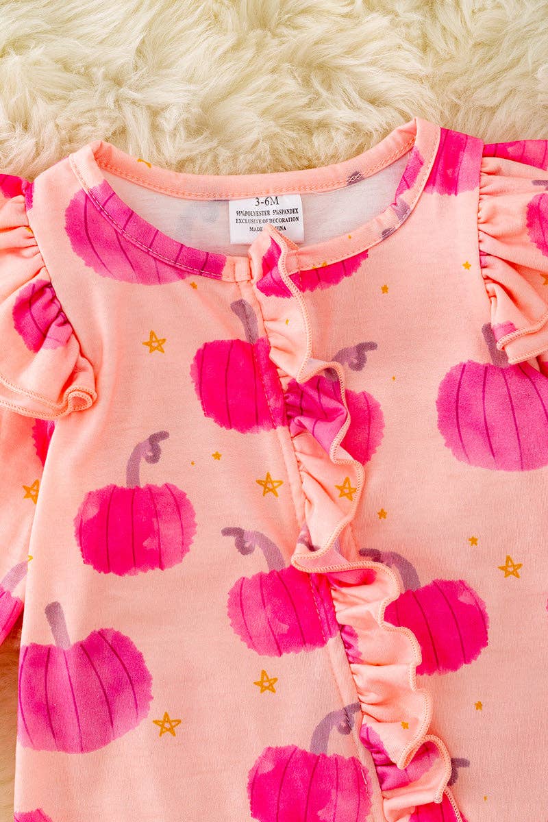 Hot pink Pumpkin printed baby onesie w/ruffle trim. RPG40556 SOL